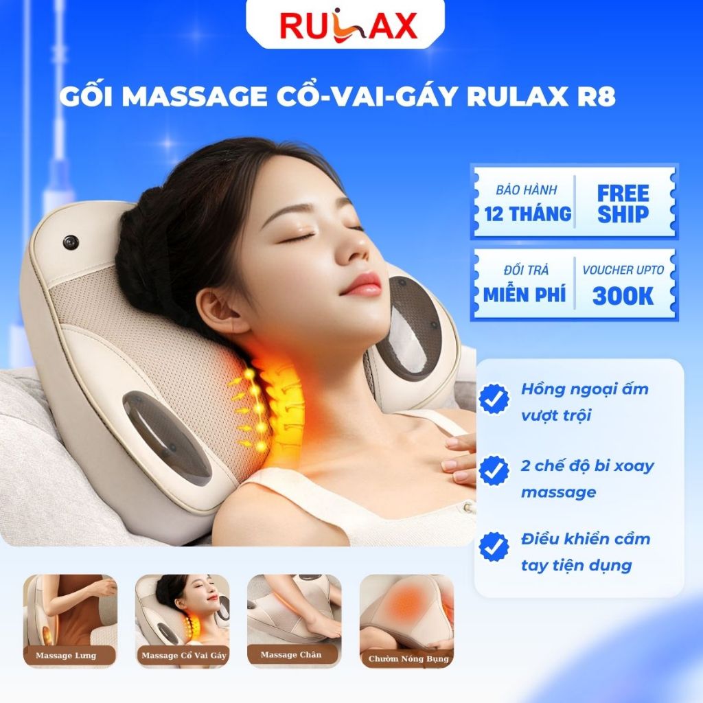 Gối Massage Cổ Vai Gáy RULAX, Tựa Lưng Massage Hồng Ngoại Đa Năng 20 Bi( Động Cơ Không Chổi Than)