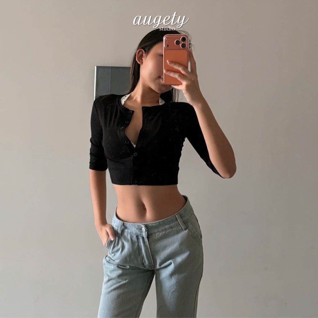 Áo Cardigan Croptop Tay Lửng Nút Cài Ôm Dáng Mỏng Nhẹ Augety Studio, CAIA Cardigan
