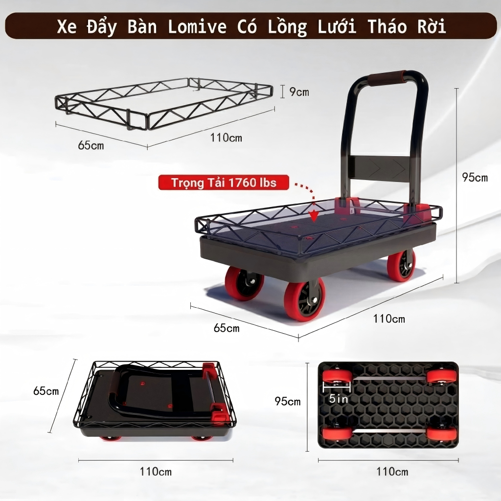 xe đẩy hàng, xe kéo hàng reaim xe đẩy hàng rào tải trọng 600kg gấp gọn tiện lợi kèm dây da hàng hóa khó rơi ra