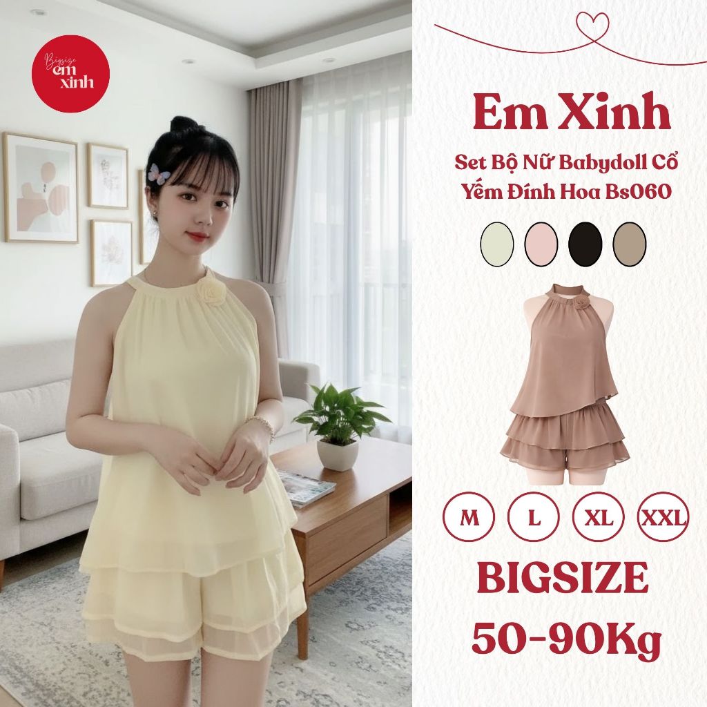 Set Babydoll Nữ Cổ Yếm Đính Hoa 2 Lớp Kèm Váy Ánh Kim Freesize 50–90kg BS060-Emxinhbigsize