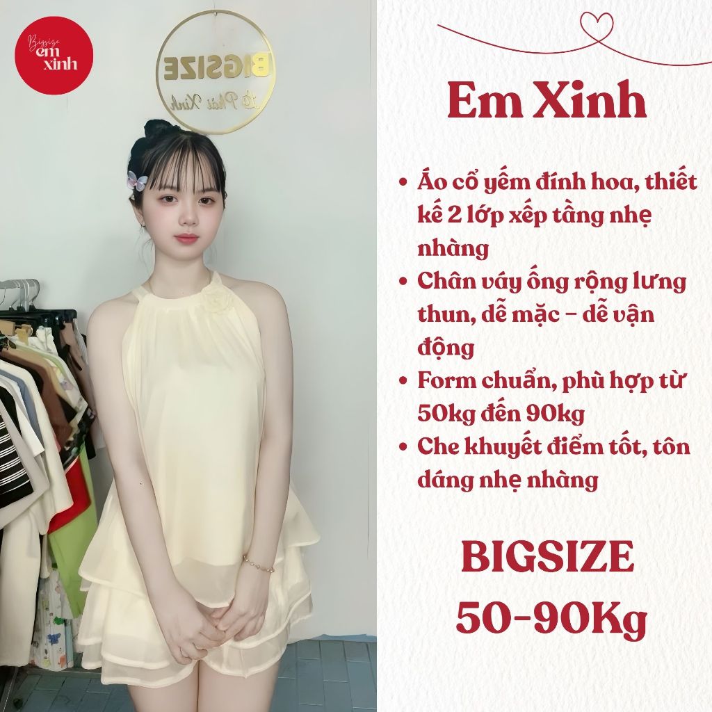 Set Babydoll Nữ Cổ Yếm Đính Hoa 2 Lớp Kèm Váy Ánh Kim Freesize 50–90kg BS060-Emxinhbigsize