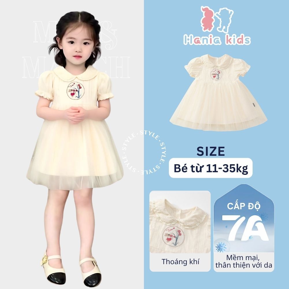 Váy Cho Bé Gái, Váy Công Chúa Phối Ren Trắng Cổ Tròn Thêu Họa Tiết Thỏ Chất Liệu Mềm Mại