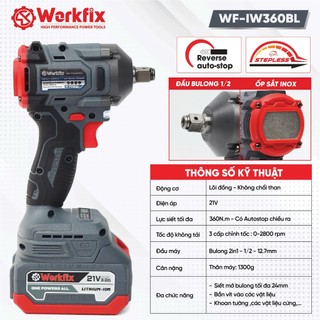 Máy Siết Bulong Workfix WF-IW360BL  360Nm  Lõi Đồng, Động Cơ Không Chổi Than, Đầu Siết Đa Năng