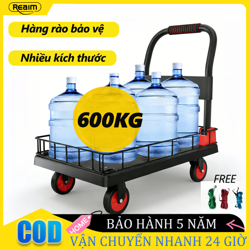 xe đẩy hàng, xe kéo hàng reaim xe đẩy hàng rào tải trọng 600kg gấp gọn tiện lợi kèm dây da hàng hóa khó rơi ra