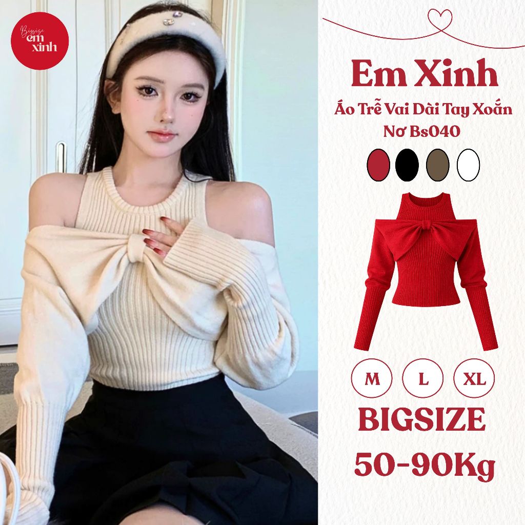Áo Trễ Vai Dài Tay Xoắn Nơ Chất Thun Tăm Co Dãn - Thời Trang Thu Đông Bs040 | EmxinhBigsize