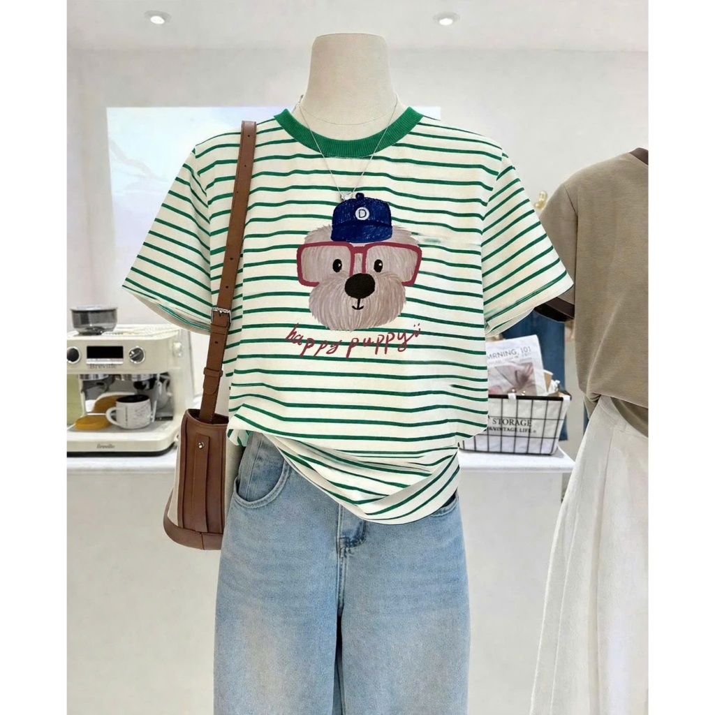 Màu mới Áo thun kẻ sọc mặc Tết siêu xinh JULY FASHION, Áo phông nữ ngắn tay in hình chất thun cotton dày dặn mặc mát