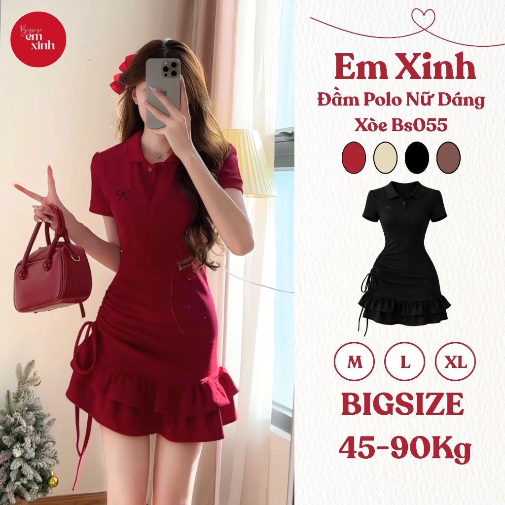 Đầm Polo Nữ Dáng Xòe Rút Dây In Nơ Bigsize Chất Mềm Co Giãn Che Dáng 45–85kg BS055 | EmxinhBigsize