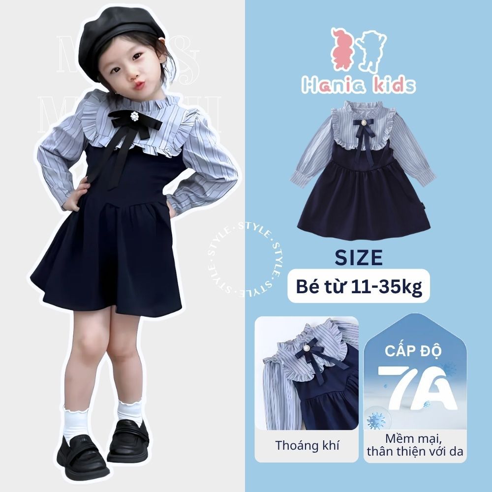 Váy Cho Bé Gái, Váy Bé Gái Hania Kids Sơ Mi Kẻ Dài Tay Cổ Nơ Tiểu Thư Đi Học Đi Chơi