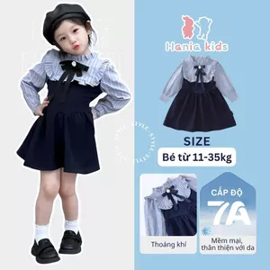 Váy Cho Bé Gái, Váy Bé Gái Hania Kids Sơ Mi Kẻ Dài Tay Cổ Nơ Tiểu Thư Đi Học Đi Chơi