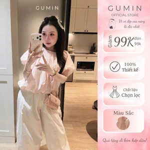 Set bộ đồ nữ GUMIN thiết kế áo cổ tròn tay bồng chấm bi kèm quần suông phối gấu viền bèo tiểu thư sang chảnh
