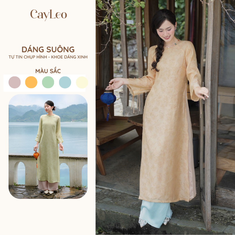 Áo dài cách tân nữ tết dáng suông cổ tròn tay dài Vỹ Bình tơ crep CayLeo Design - AD839