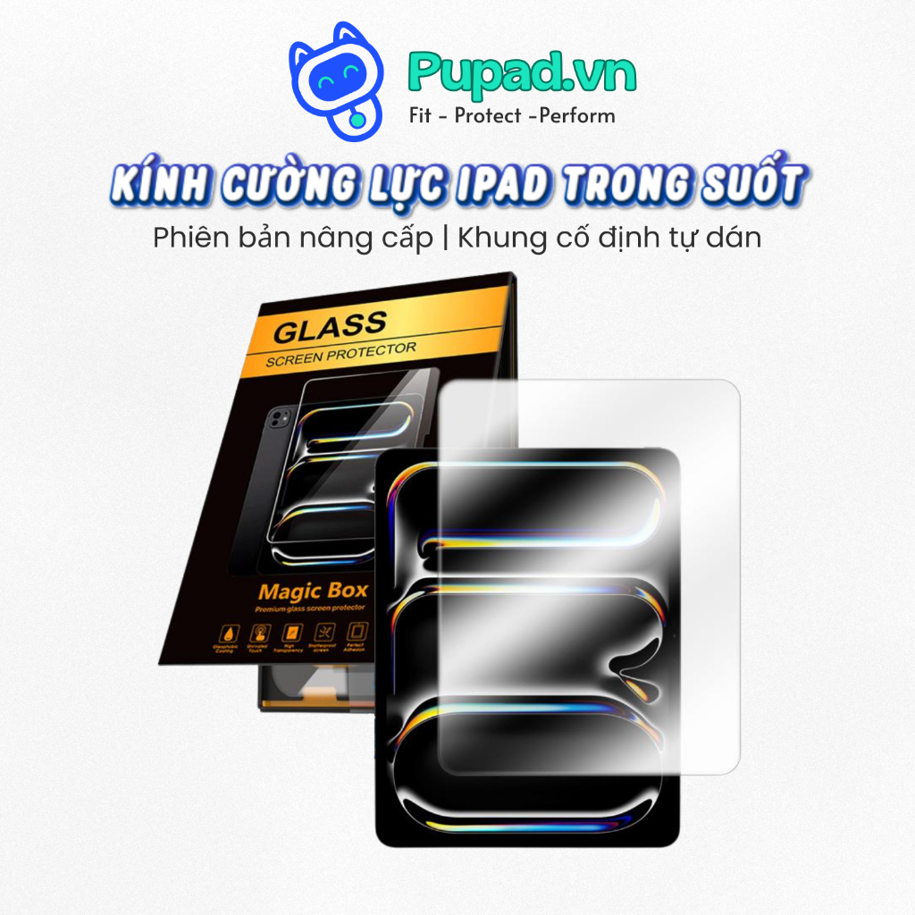 [Khung Tự Dán] Kính Cường Lực iPad PUPAD, Bản Nâng Cấp Siêu Bền Dùng Cho Gen/Mini/Pro/Air - C03