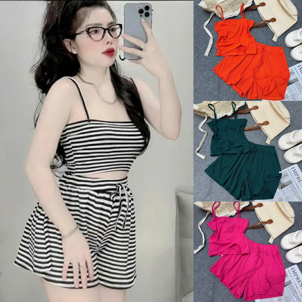 Set Đồ Bộ Mùa Hè Bigsize 50kg-95kg Nữ Áo 2 Dây Và Quần Đùi Nhiều Màu Chất Vải Gân Tăm Mặc Mát SET19
