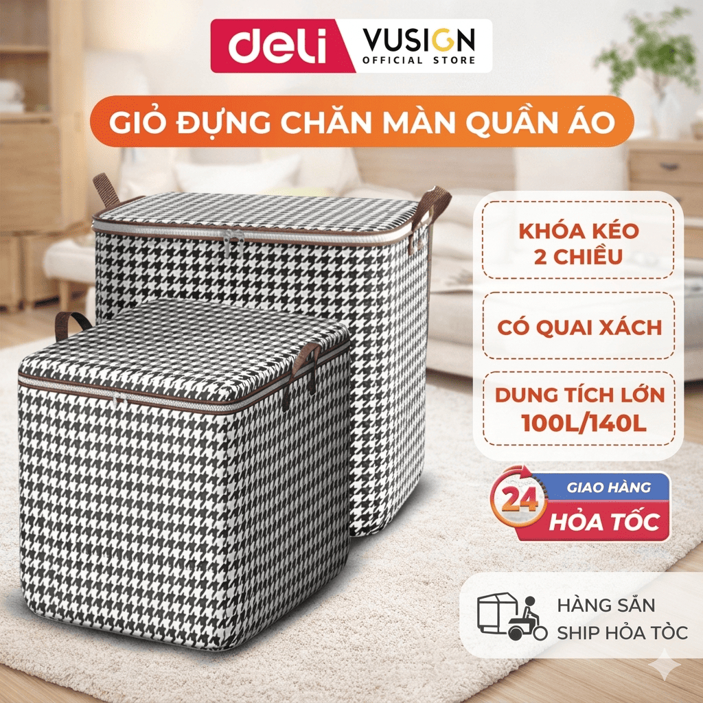 Túi Đựng Chăn Màn 140L DELI Giỏ Đựng Quần Áo Bằng Vải Đa Năng Cỡ Lớn Dễ Gấp Gọn Chống Bụi Bẩn Ẩm Mốc