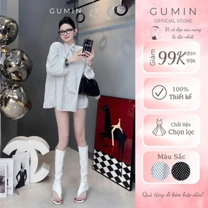 Áo váy sơ mi chấm bi GUMIN thiết kế áo phối vạt nơ cổ dáng rộng thụng giấu quần sang chảnh tiểu thư