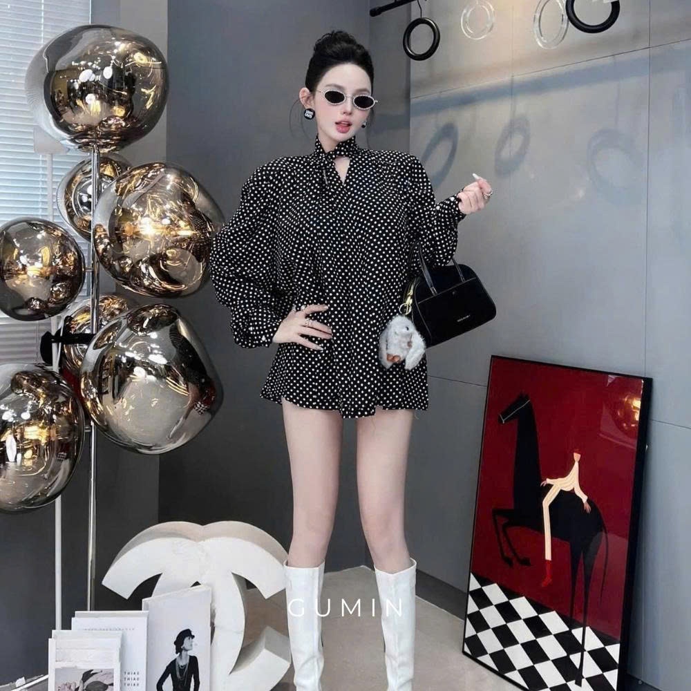 Áo váy sơ mi chấm bi GUMIN thiết kế áo phối vạt nơ cổ dáng rộng thụng giấu quần sang chảnh tiểu thư