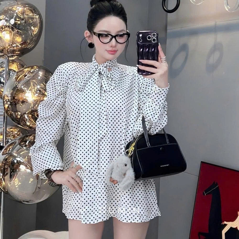 Áo váy sơ mi chấm bi GUMIN thiết kế áo phối vạt nơ cổ dáng rộng thụng giấu quần sang chảnh tiểu thư