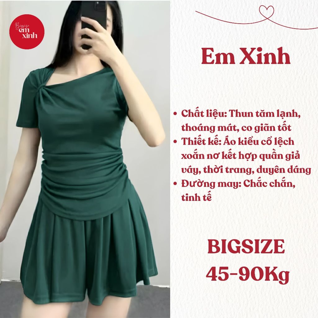 Set Nữ Bigsize Áo Cổ Lệch Xoắn Nơ – Quần Giả Váy, Freesize Tôn Dáng (50–90kg) BS028- Em Xinh Bigsize