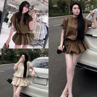 Váy Nữ Dáng Bí Phồng Gấu NGẮN TAY Cổ Trụ Cúc Bọc Chun Eo Có Kèm Quần Bảo Hộ