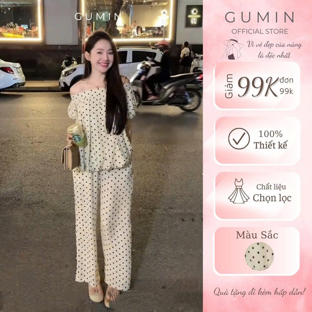 Set bộ trễ vai chấm bi GUMIN thiết kế áo trễ vai bồng bí kèm quần ống suông sang chảnh, set bộ nữ tiểu thư thanh lịch