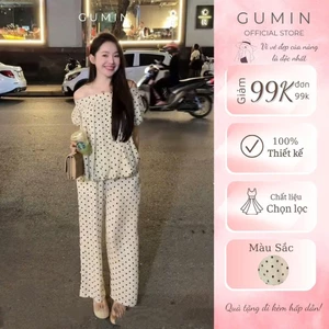 Set bộ trễ vai chấm bi GUMIN thiết kế áo trễ vai bồng bí kèm quần ống suông sang chảnh, set bộ nữ tiểu thư thanh lịch