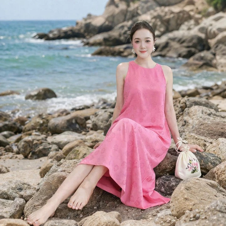 Váy lụa nữ suông trơn, váy ba lỗ chữ a dáng dài, váy sát nách dáng suông đi biển, mặc hè thoải mái chất lụa VD03- ROWMAN