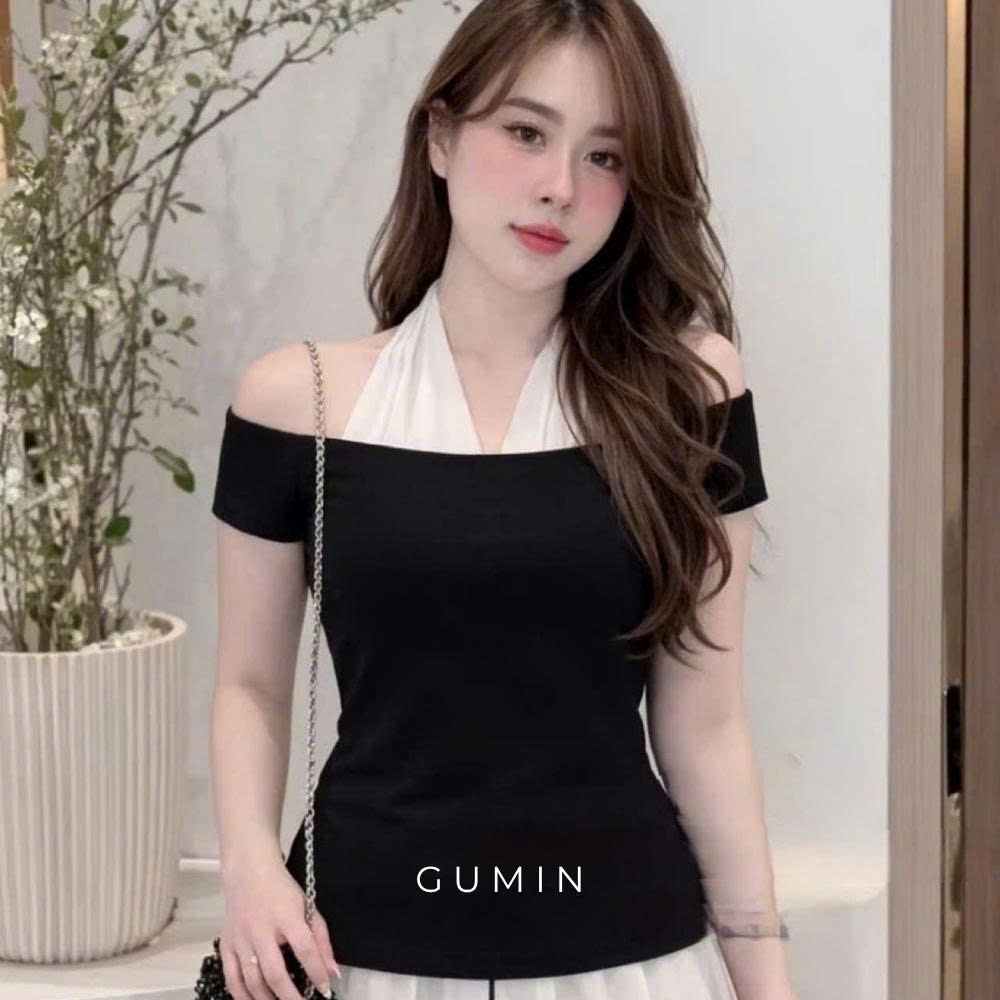Áo trễ vai GUMIN thiết kế áo phối cổ yếm trắng sang chảnh, áo yếm trễ vai kiểu thư sang trọng thanh lịch