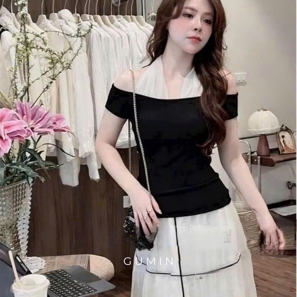 Áo trễ vai GUMIN thiết kế áo phối cổ yếm trắng sang chảnh, áo yếm trễ vai kiểu thư sang trọng thanh lịch