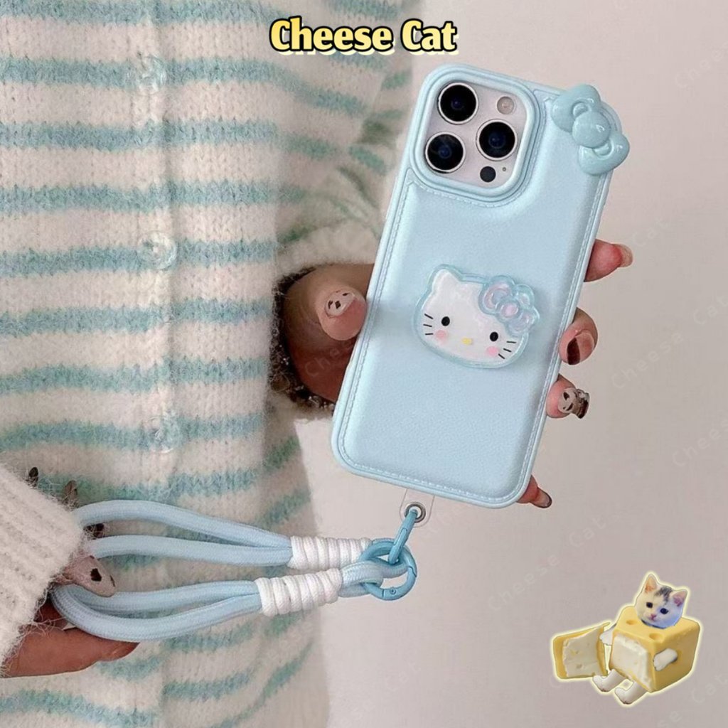 ins phong cách cô gái Da nơ Kitty màu xanh hồng Ốp điện thoại cho iPhone 14 15 16 13 12 11 17 Pro Max Xs Max XR 7 Plus