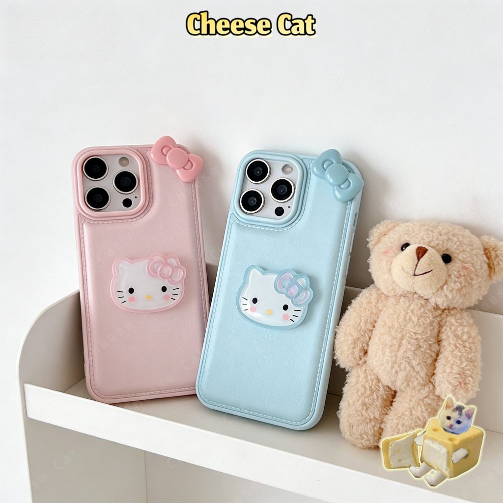 ins phong cách cô gái Da nơ Kitty màu xanh hồng Ốp điện thoại cho iPhone 14 15 16 13 12 11 17 Pro Max Xs Max XR 7 Plus