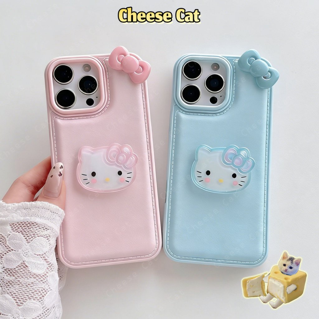 ins phong cách cô gái Da nơ Kitty màu xanh hồng Ốp điện thoại cho iPhone 14 15 16 13 12 11 17 Pro Max Xs Max XR 7 Plus
