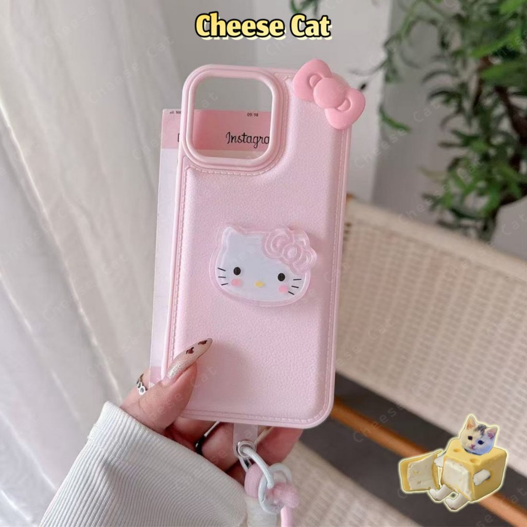 ins phong cách cô gái Da nơ Kitty màu xanh hồng Ốp điện thoại cho iPhone 14 15 16 13 12 11 17 Pro Max Xs Max XR 7 Plus