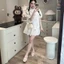 Set bộ đồ nữ trắng GUMIN thiết kế áo phối cổ bẻ ren thêu túi ngực kèm quần short họa tiết ren sang chảnh thanh lịch