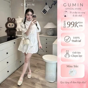 Set bộ đồ nữ trắng GUMIN thiết kế áo phối cổ bẻ ren thêu túi ngực kèm quần short họa tiết ren sang chảnh thanh lịch