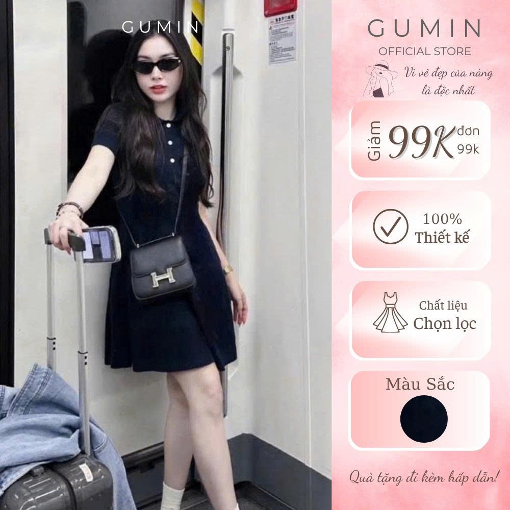 Đầm polo xanh than GUMIN thiết kế thêu logo ngực chân váy xòe nhẹ, Váy nữ cộc tay dáng xoè ngắn dày dặn cao cấp
