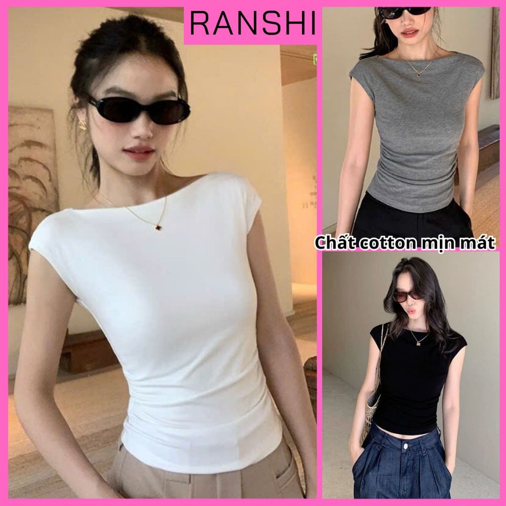 [CÓ SIZE] Áo Thun Nữ Tay Hến Cổ Thuyền Nhún Eo Basic RANSHI Ôm Body Tôn Dáng Chất Thun Cotton Mềm Mát - RA358