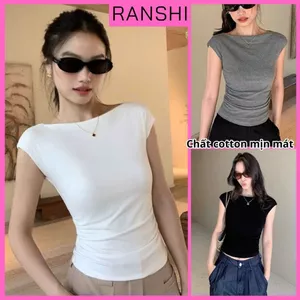 Áo Thun Nữ Tay Hến Cổ Thuyền Nhún Eo Basic RANSHI Ôm Body Tôn Dáng Chất Thun Cotton Mềm Mát - RA358
