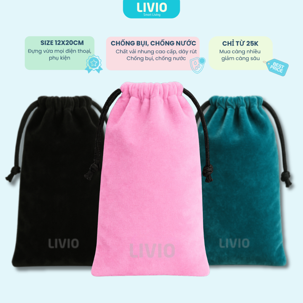 Túi đựng đồ dùng LIVIO 12x20cm vải nhung dây rút, chống bụi chống nước ...
