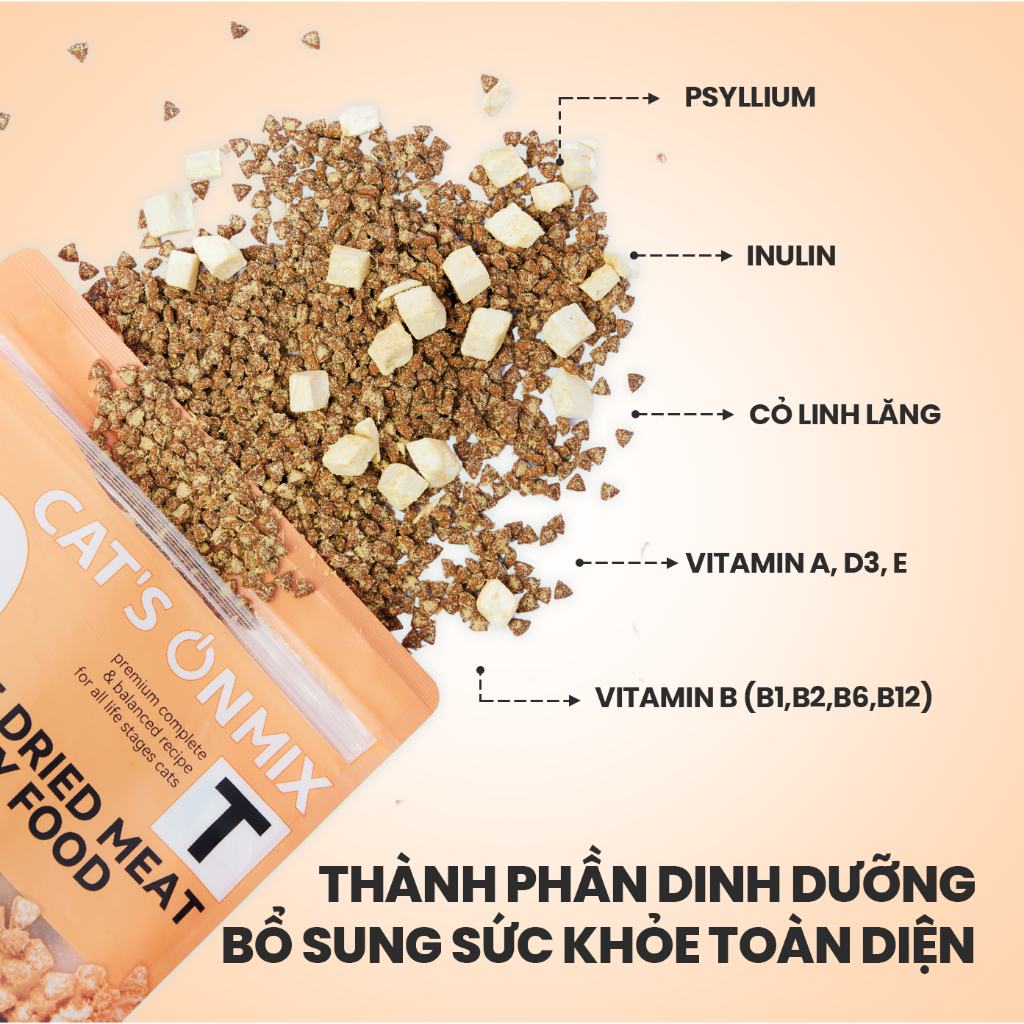 Hạt Cat's On Mix R & Mix T Cho Mèo Topping Gà Viên, Phủ Ruốc Gà, Tiêu Búi Lông, Cân Bằng Hệ Tiêu Hoá