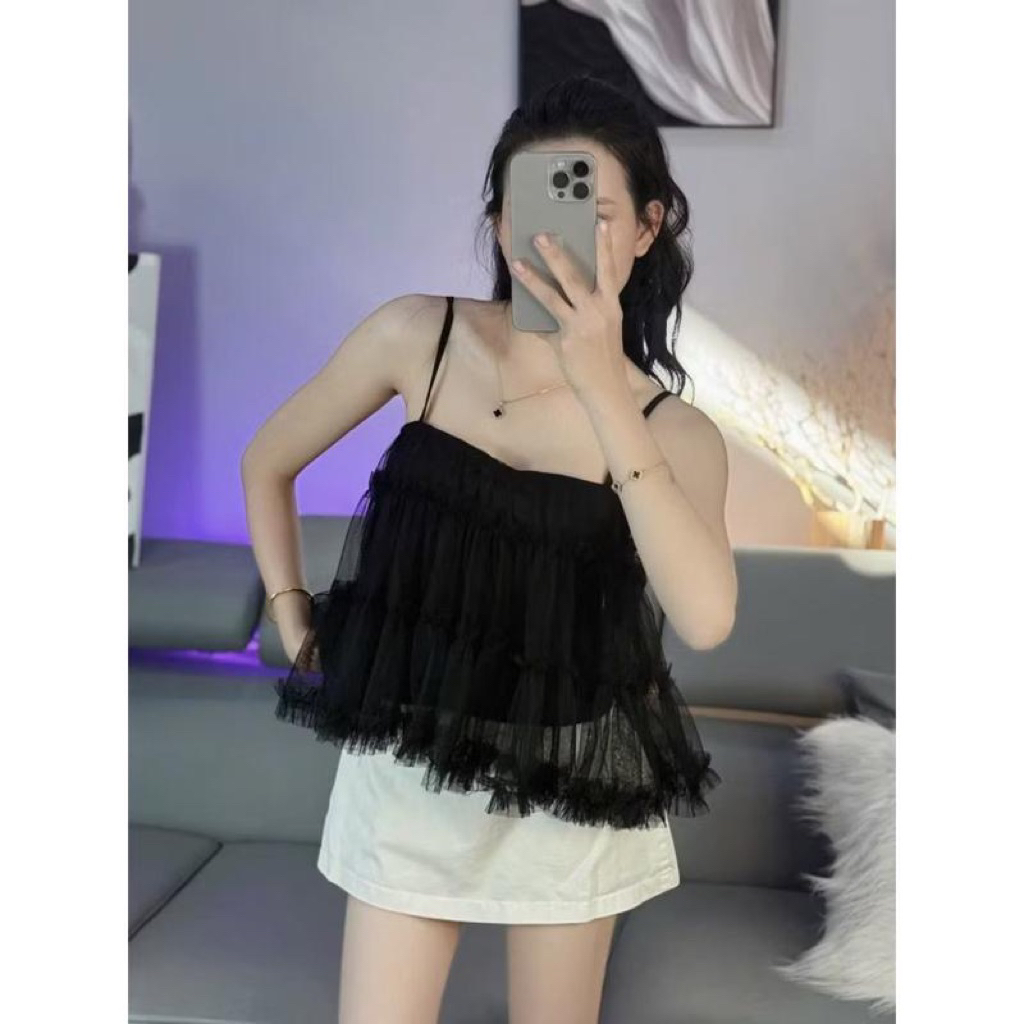 LM1- Áo lưới 2 dây babydoll thiết kế chât voan lưới phồng xòe 2 lớp (40-60kg)