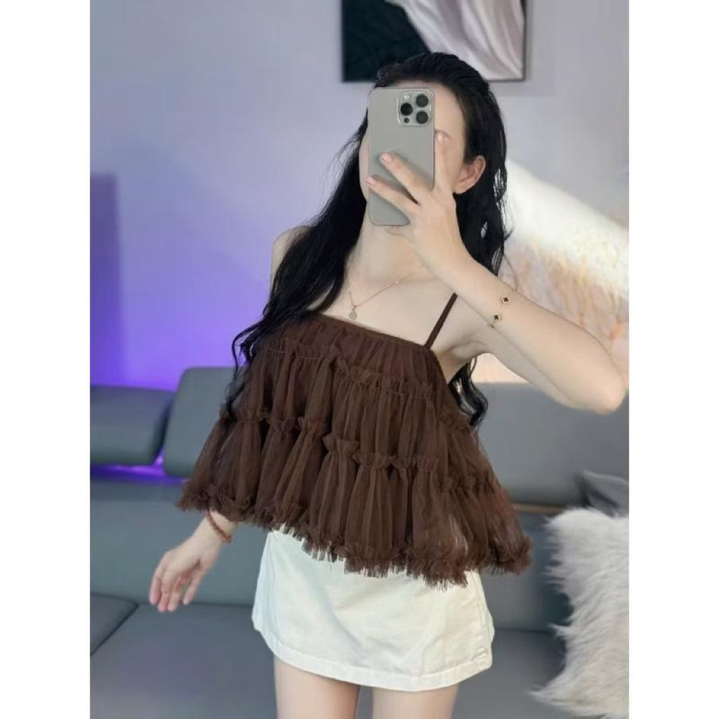 LM1- Áo lưới 2 dây babydoll thiết kế chât voan lưới phồng xòe 2 lớp (40-60kg)
