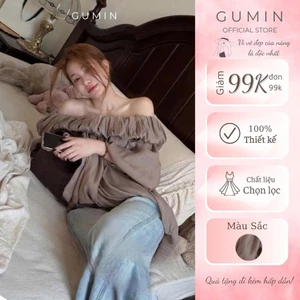 Áo trễ vai tơ nâu GUMIN thiết kế áo dáng bồng tà ngực tiểu thư sang chảnh, áo kiểu nữ thanh lịch sang trọng