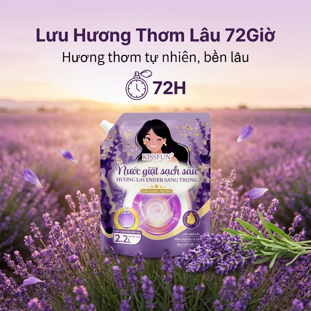 Nước giặt KISSFUN hương Lavender | Túi 2.2L | Sạch sâu - Khử mùi mạnh - Lưu hương 72h