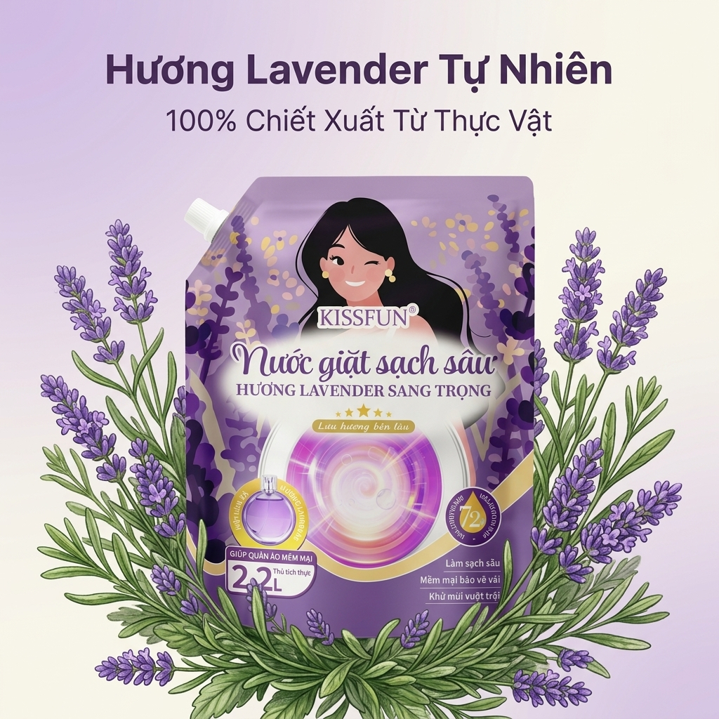 Nước giặt KISSFUN hương Lavender | Túi 2.2L | Sạch sâu - Khử mùi mạnh - Lưu hương 72h