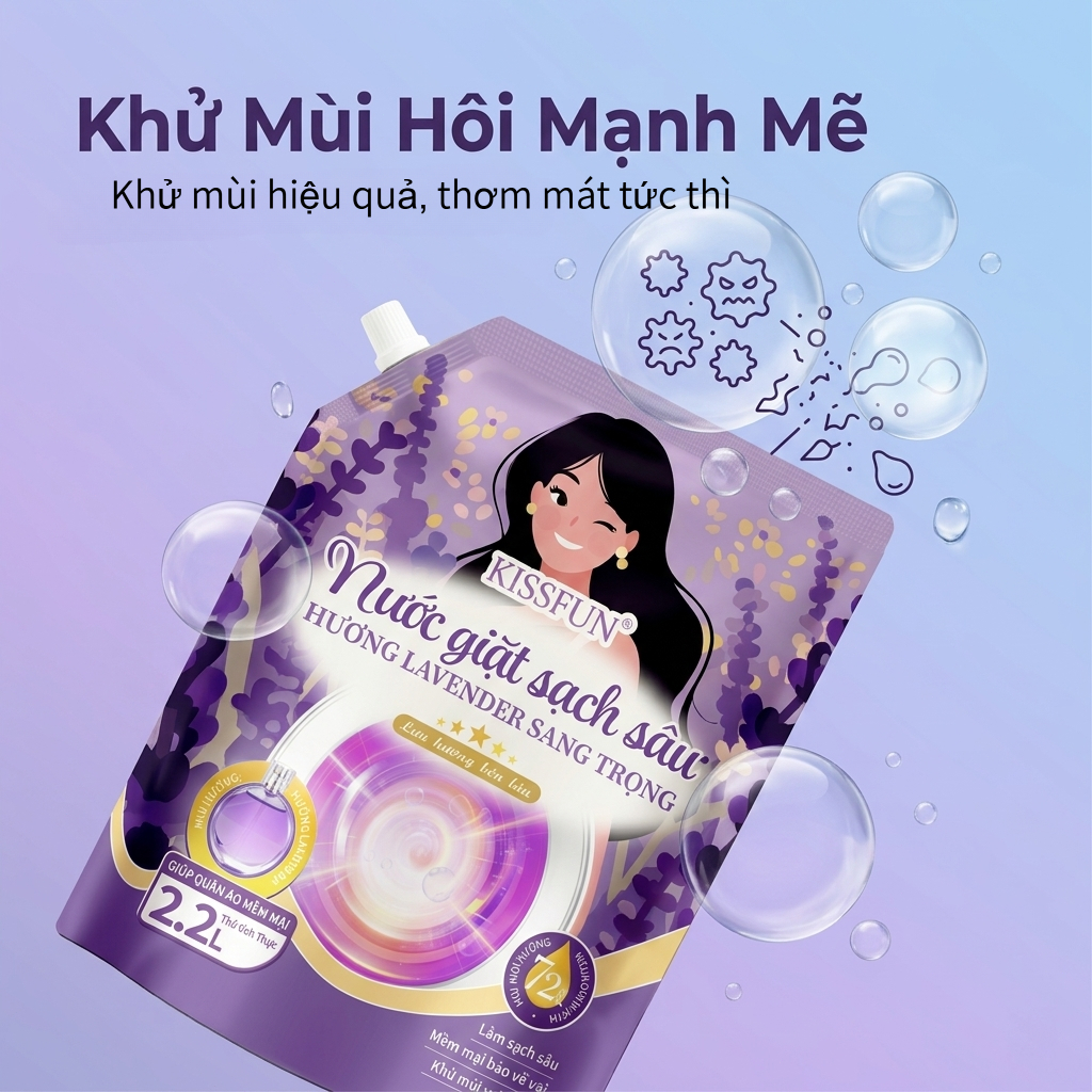 Nước giặt KISSFUN hương Lavender | Túi 2.2L | Sạch sâu - Khử mùi mạnh - Lưu hương 72h