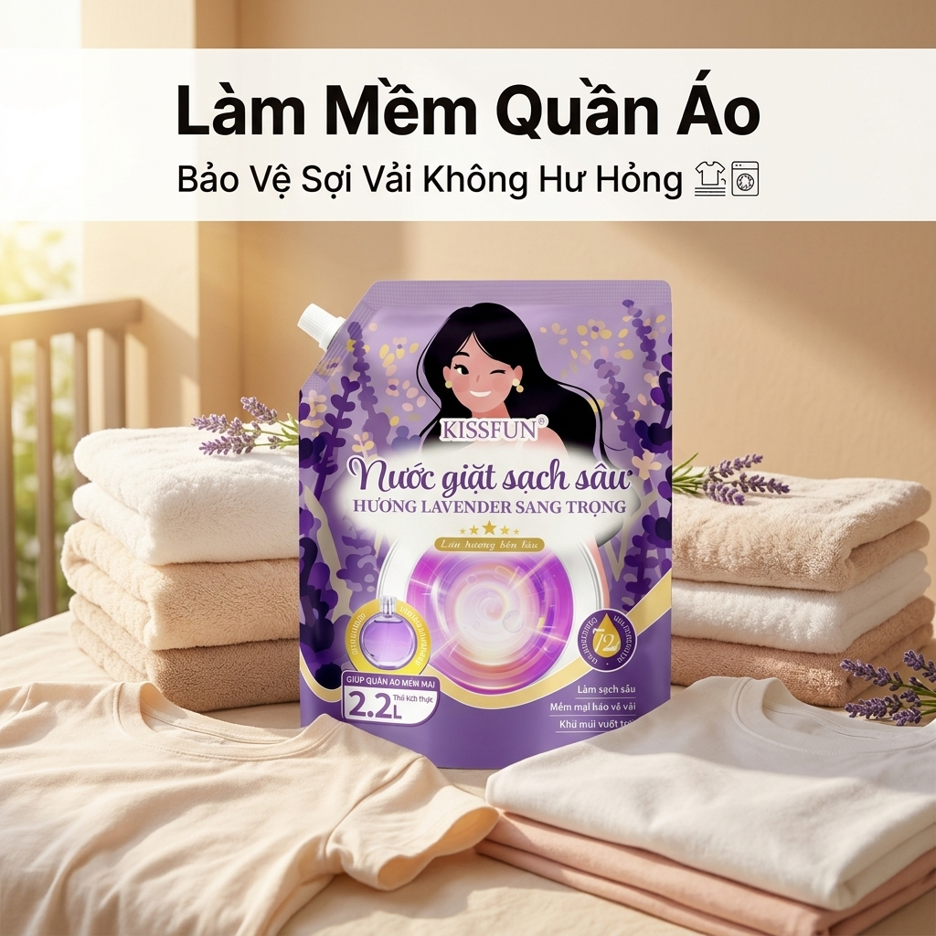 Nước giặt KISSFUN hương Lavender | Túi 2.2L | Sạch sâu - Khử mùi mạnh - Lưu hương 72h