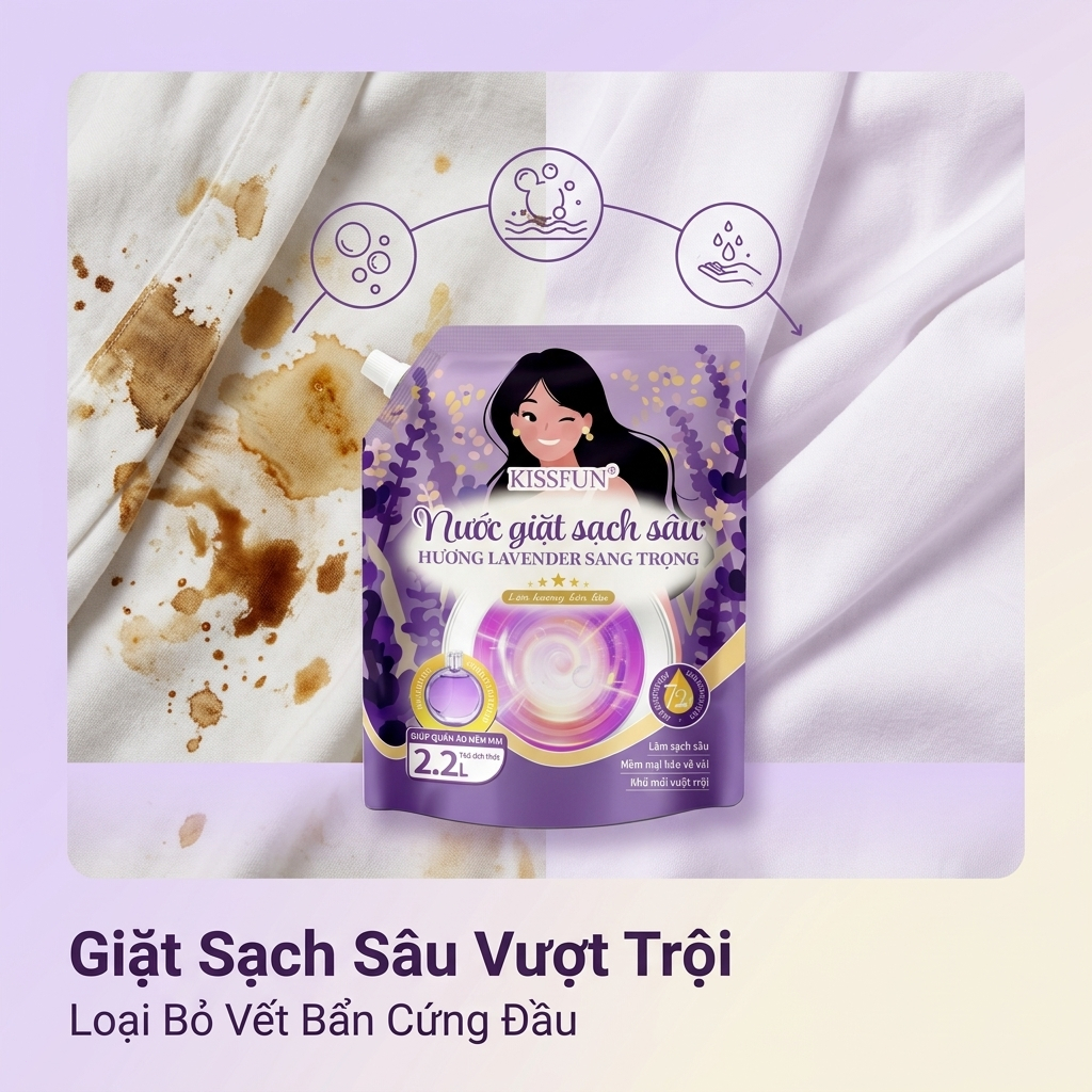 Nước giặt KISSFUN hương Lavender | Túi 2.2L | Sạch sâu - Khử mùi mạnh - Lưu hương 72h