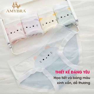 Quần Lót Nữ Cotton Mềm Họa Tiết Mèo Dễ Thương, Quần Chip Cạp Vừa Viền Su Thoáng Mát AMYBRA L1164