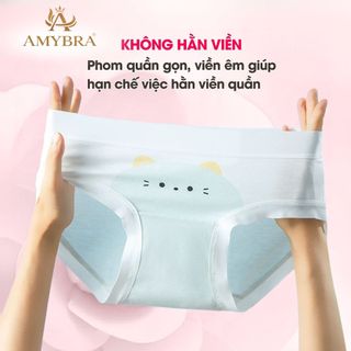 Quần Lót Nữ Cotton Mềm Họa Tiết Mèo Dễ Thương, Quần Chip Cạp Vừa Viền Su Thoáng Mát AMYBRA L1164