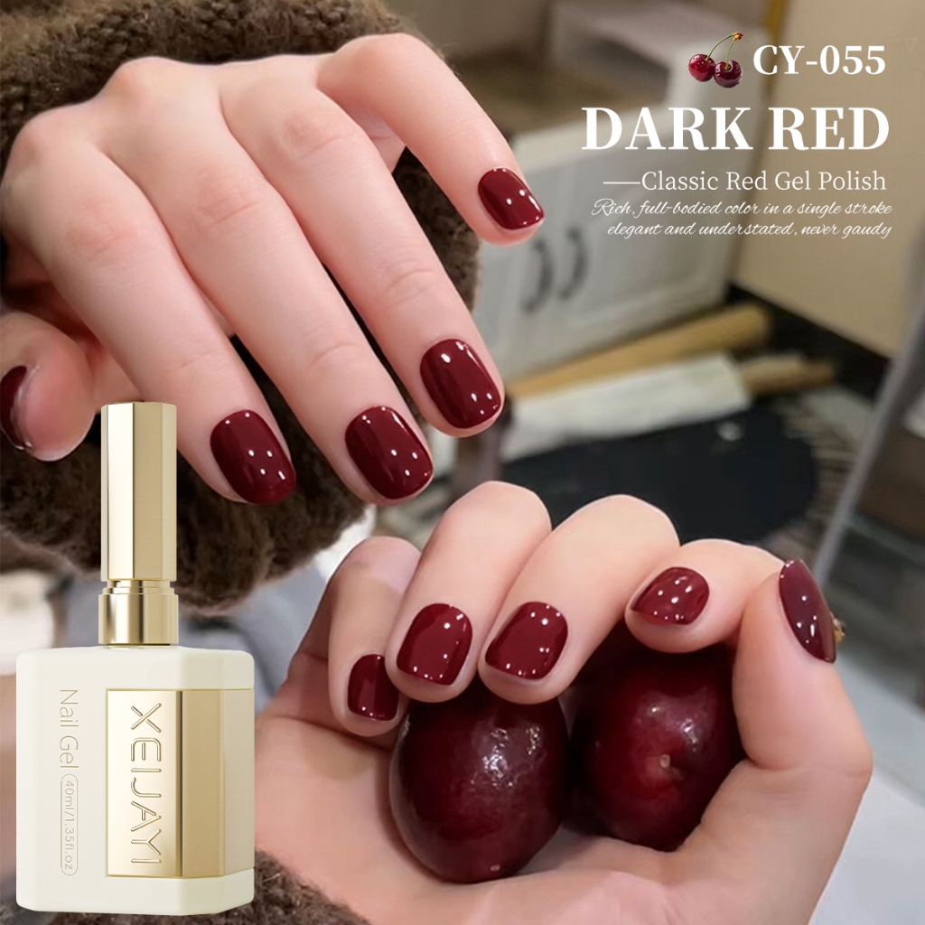XEIJAYI 40ml - Sơn móng tay dạng gel màu đỏ anh đào đậm, bền màu, thích hợp sử dụng tại salon.